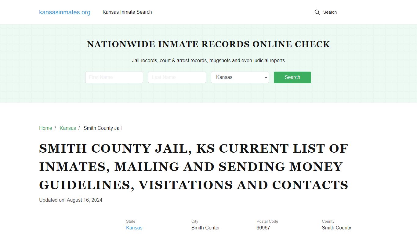 Smith County Jail, KS: Offender Locator, Visitation & Contact Info